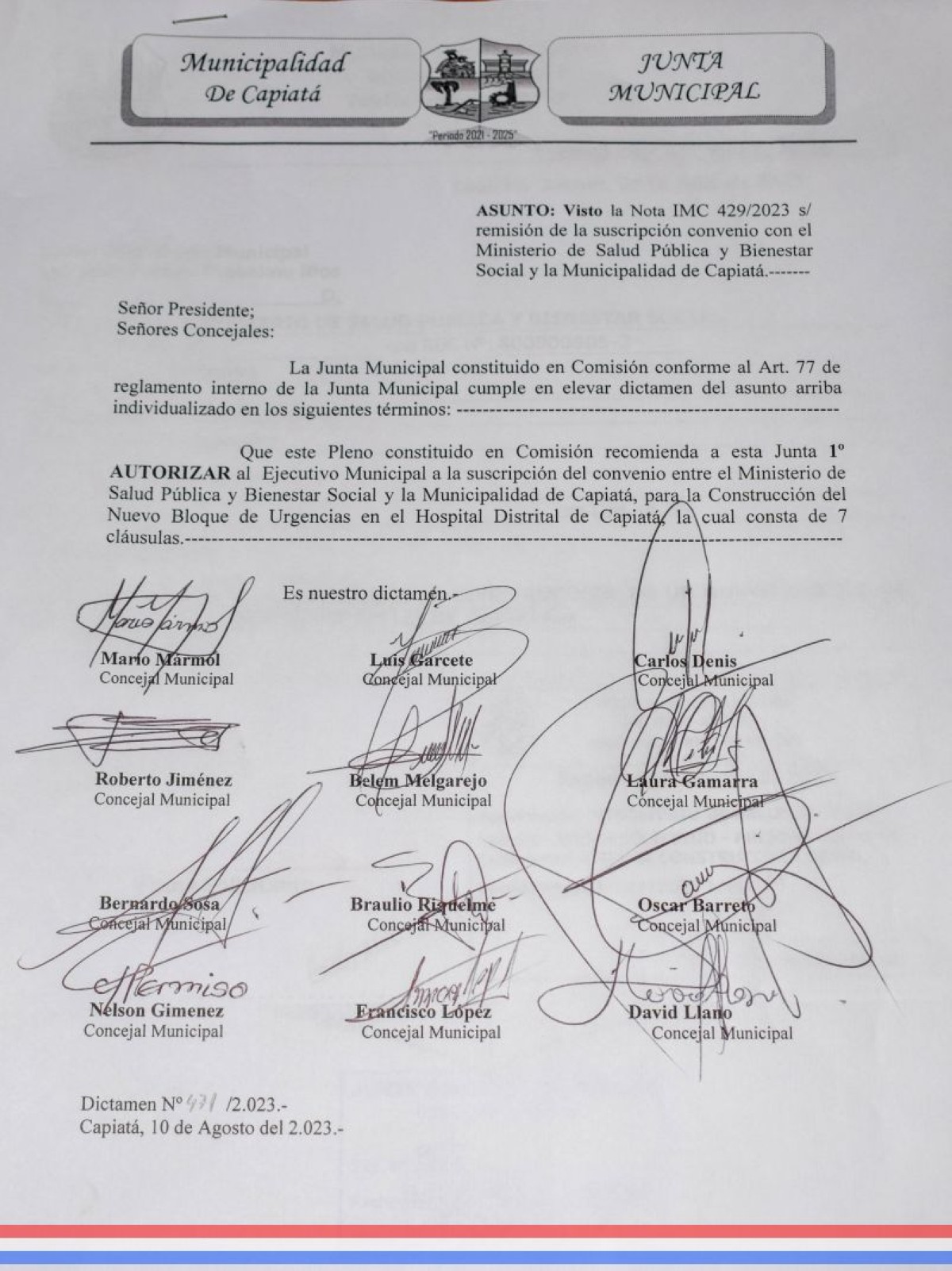 Foto 1 de Autorizan al Ejecutivo Municipal la suscripción de un convenio entre la Municipalidad de Capiatá y el MSPyBS