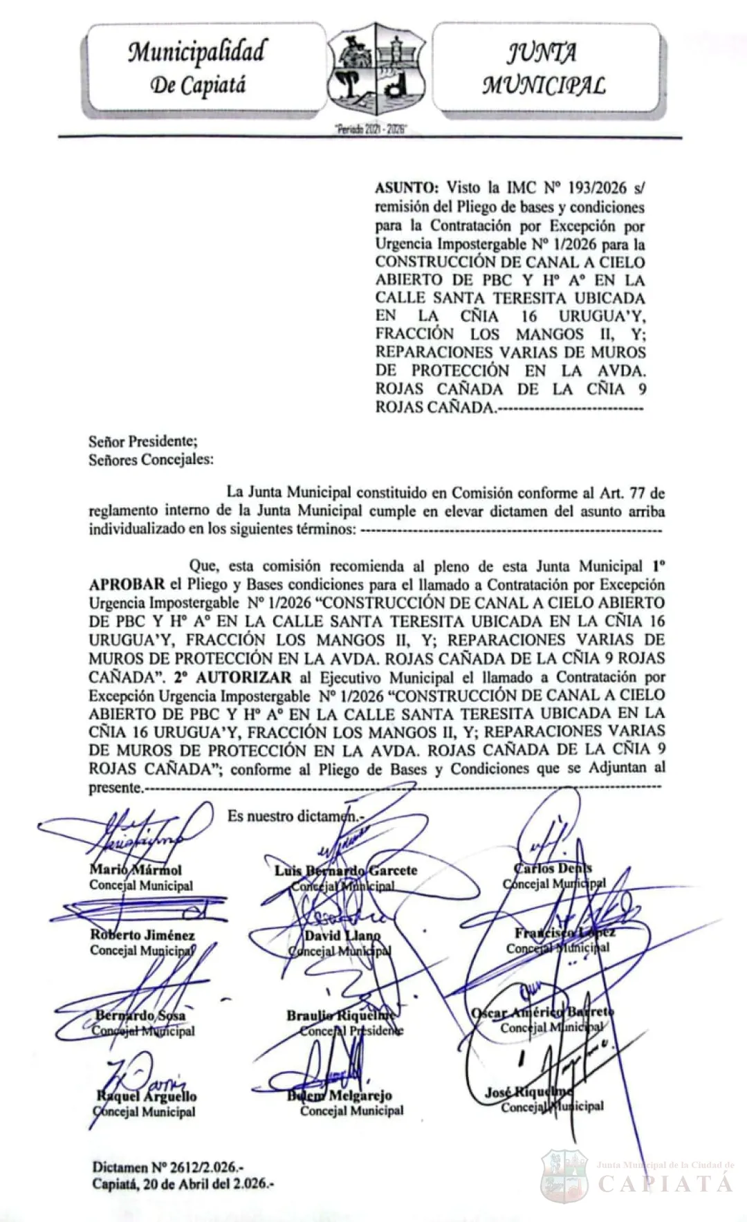 Foto 1 de Aprobaron construcción de canal a cielo abierto en la Cía. 16ª Urugua’y y reparaciones viales varias para la Cía. 9ª Rojas Cañada