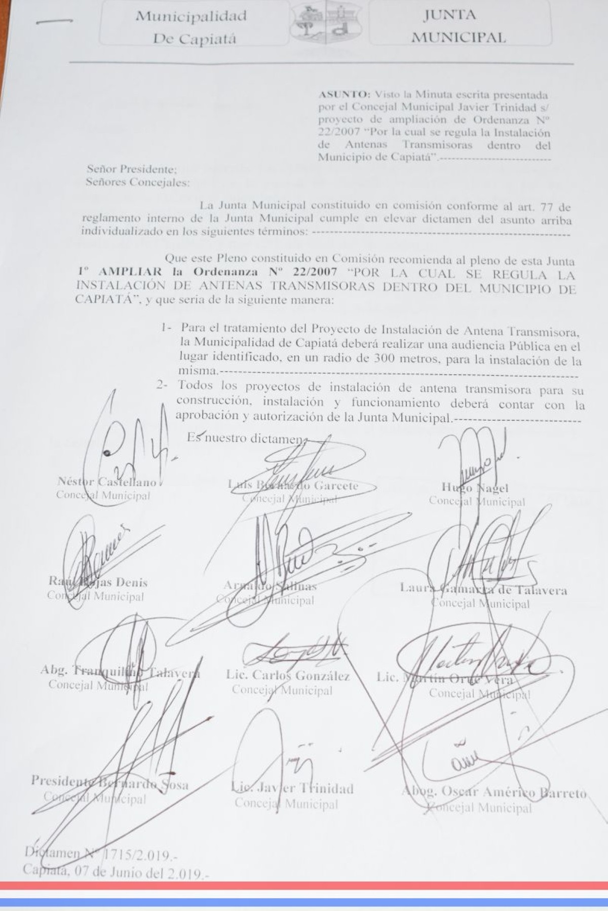 Foto 7 de Aprobaron ampliación de la Ordenanza Nº 22/2007 "Por la cual se regula la instalación de antenas transmisoras dentro del municipio de Capiatá"