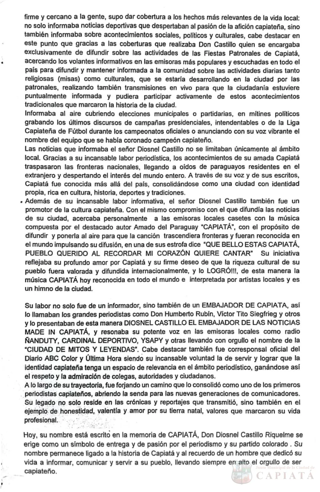 Foto 27 de Don Diosnel Castillo Riquelme, pionero del periodismo capiateño, declarado “Ciudadano Ilustre de la ciudad de Capiatá”