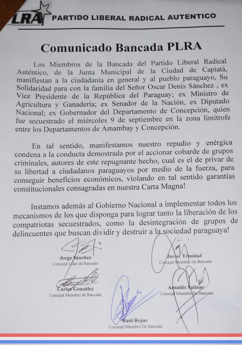 Bancada del PLRA se solidariza con la familia del Ex Vicepresidente de la Rca., Oscar Denis, y repudia el accionar de los secuestradores