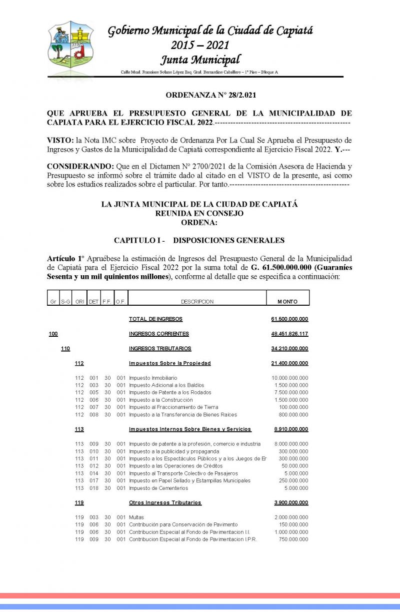 ORDENANZA Nº 28/2.021 QUE APRUEBA EL PRESUPUESTO GENERAL DE LA MUNICIPALIDAD DE CAPIATA PARA EL EJERCICIO FISCAL 2022